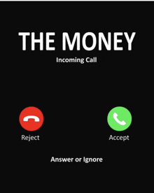a phone screen with the words " the money incoming call " on it