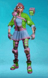 a girl in a green jacket and pink skirt is holding a book