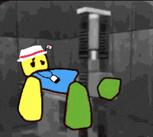 a pixel art drawing of a man wearing a hat and a blue shirt