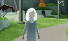 a person with white hair is standing in a field