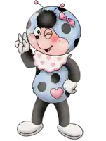 a ladybug with a pink bow on her head is giving the peace sign