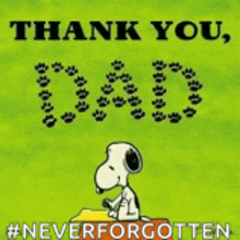 snoopy is sitting on a suitcase with the word dad written in paw prints .