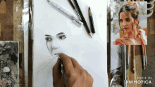 a person is drawing a woman 's face with a pencil on a piece of paper that says made in animotica
