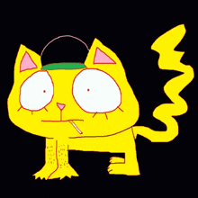 a yellow cartoon cat with a green hat and a cigarette in its mouth