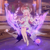 a girl in a white dress with purple wings is sitting in a room