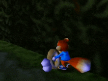 a cartoon character is walking down a path in the dark .
