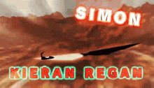 an advertisement for simon kieran regan shows a plane flying over a desert landscape