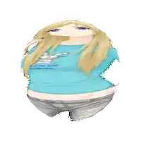 a cartoon drawing of a girl with long blonde hair wearing a blue shirt and grey shorts