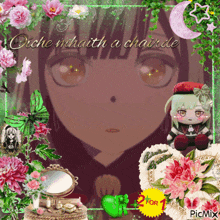 a picture of a girl is surrounded by flowers and a sign that says 2 for 1 on it