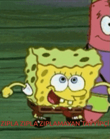 a cartoon of spongebob and patrick with the words zipla zipla ziplamayan tayyipci in red