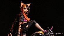 a girl with cat ears is riding a yellow motorcycle in a dark room
