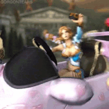 a cartoon of a woman in a pink car with the words gorgontears on the bottom