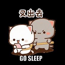 a couple of cartoon cats standing next to each other with the words `` go sleep '' written on the bottom .
