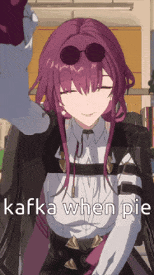 a picture of a girl with purple hair and the words kafka when pie on the bottom