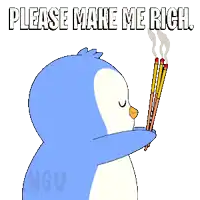 a penguin is holding a bunch of incense sticks and asking for money