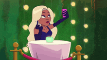 a cartoon of a woman sitting at a table taking a selfie