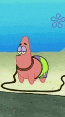 patrick star from spongebob squarepants is tied up with a rope .