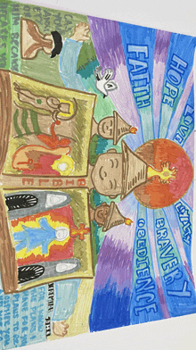 a child 's drawing with the words faith hope love and obedience written on it