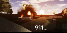 a computer generated image of a house on fire with the number 911 in the corner