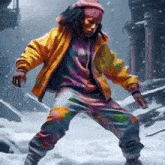 a person in a yellow jacket is dancing in the snow
