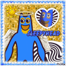 a blue cartoon character with wings and the word sleepyhead on it
