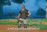a man in a video game is dancing with the words chicken sandwich behind him