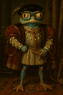 a painting of a frog dressed as a king with glasses and a hat