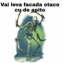 a skeleton is holding a sword and a spear .