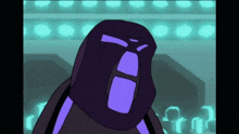 a cartoon character with a purple mask on their head