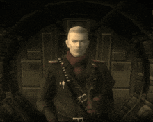 a man in a military uniform stands in front of a door