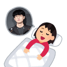 a cartoon of a girl laying in bed with a man in a speech bubble behind her
