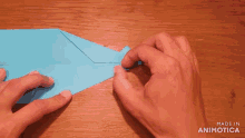 a person is making a paper airplane with the words made in animotica visible