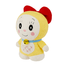 a yellow stuffed animal with a red bow