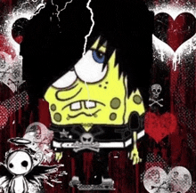 spongebob is wearing a black jacket with a skull on it and a skull belt .