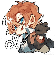 a cartoon drawing of a boy with orange hair and blue eyes giving the ok sign