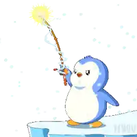 a penguin is standing on a piece of ice holding a lightning rod