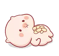 a cartoon of a pig laying down with a pile of nuts in its mouth .