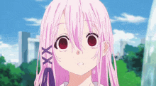 a girl with pink hair and red eyes is standing in a park .