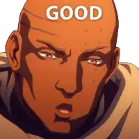 a cartoon of a bald man with the word good above his head