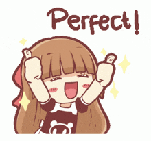 a cartoon of a girl giving a thumbs up with the word perfect behind her