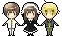 three pixel art characters are holding hands .