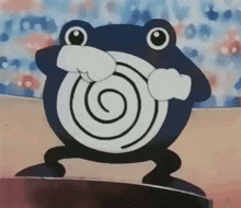a black and white cartoon frog with a spiral in its mouth .
