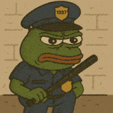 a frog in a police uniform with the number 1337 on it