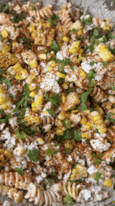 a close up of a pasta salad with corn on the cob