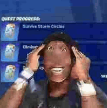 a person is holding their head in front of a screen that says quest progress