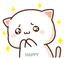 a cartoon cat with a happy face and the word happy below it