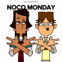 two cartoon characters crossing their arms with the words noco monday behind them