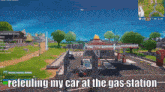 a screenshot of a video game shows a car at a gas station