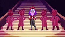 a group of cartoon characters standing next to each other on stairs