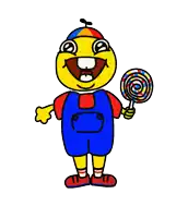 a cartoon character is holding a colorful lollipop and smiling